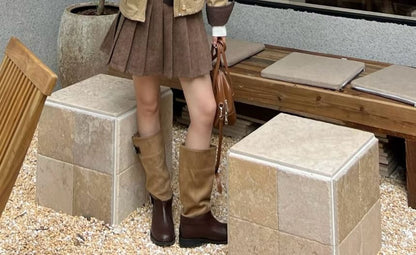 Two Tone Corduroy Barn Jacket + Plaid Pleated A-Line Skirt
