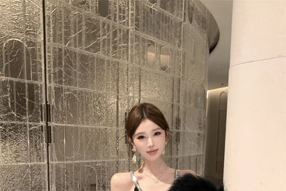Rhinestone Strap V-Neck Sequin Slit Sheath Evening Dress