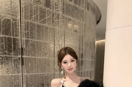 Rhinestone Strap V-Neck Sequin Slit Sheath Evening Dress