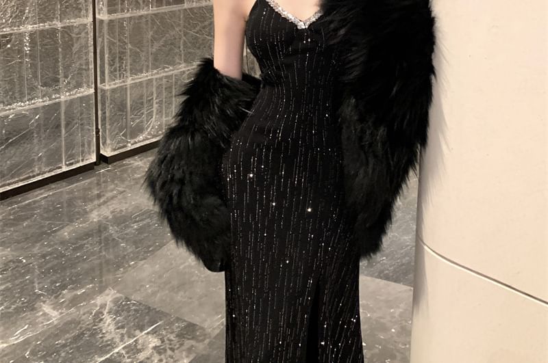 Rhinestone Strap V-Neck Sequin Slit Sheath Evening Dress