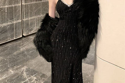Rhinestone Strap V-Neck Sequin Slit Sheath Evening Dress