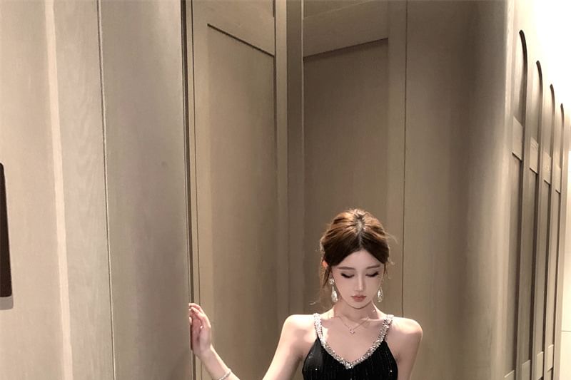 Rhinestone Strap V-Neck Sequin Slit Sheath Evening Dress