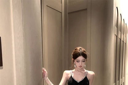Rhinestone Strap V-Neck Sequin Slit Sheath Evening Dress