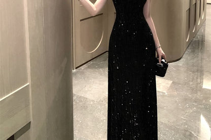 Rhinestone Strap V-Neck Sequin Slit Sheath Evening Dress