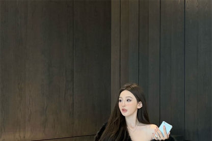 Plain Crop Tube Top / High Waist Mini A-Line Skort / Fluffy Open Front Jacket