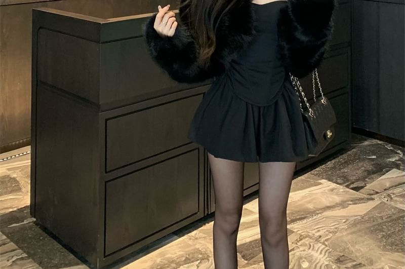 Plain Crop Tube Top / High Waist Mini A-Line Skort / Fluffy Open Front Jacket
