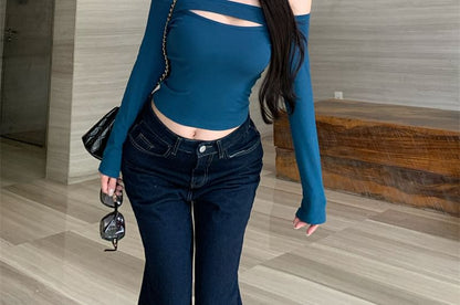 Cutout Off Shoulder Long Sleeve Solid Knit Top