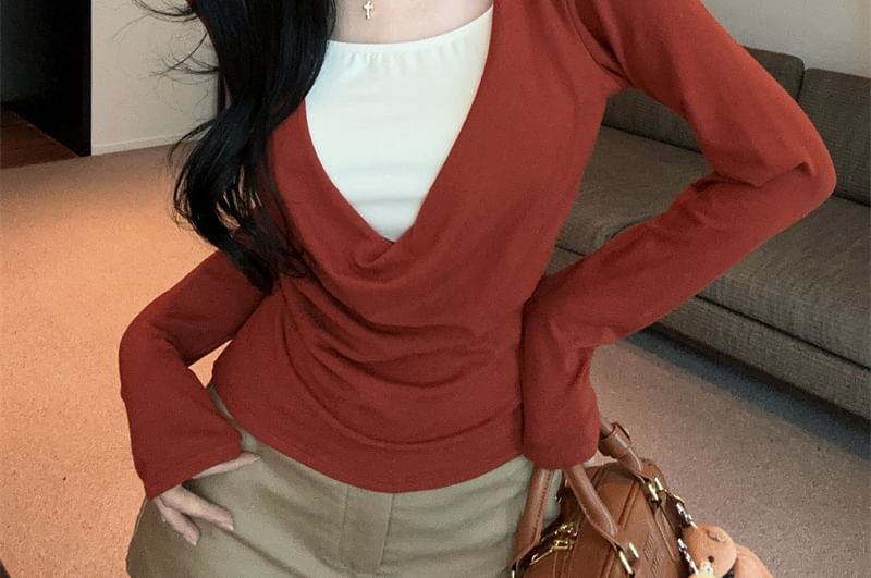 Two-Tone Layered V-Neck Long Sleeve Tee