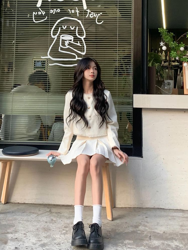 Fringed Button-Up Crop Jacket + Pleated Mini A-Line Skirt Set