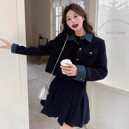 Two Tone Button-Up Crop Jacket + Pleated A-Line Skirt Set