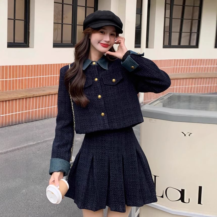 Two Tone Button-Up Crop Jacket + Pleated A-Line Skirt Set