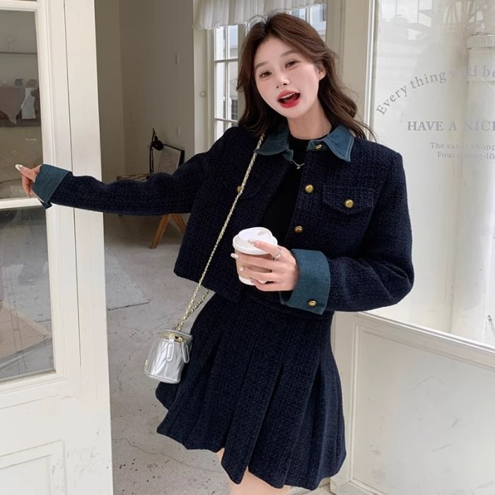 Two Tone Button-Up Crop Jacket + Pleated A-Line Skirt Set