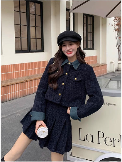 Two Tone Button-Up Crop Jacket + Pleated A-Line Skirt Set