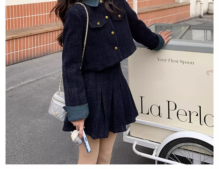 Two Tone Button-Up Crop Jacket + Pleated A-Line Skirt Set