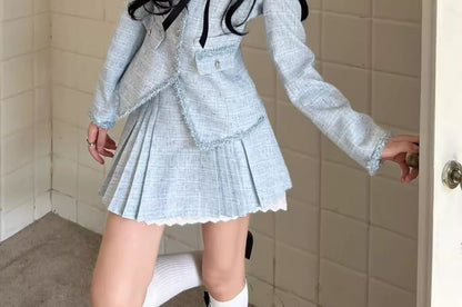 Square Neck Bow Accent Tweed Jacket + Pleated Skirt Set