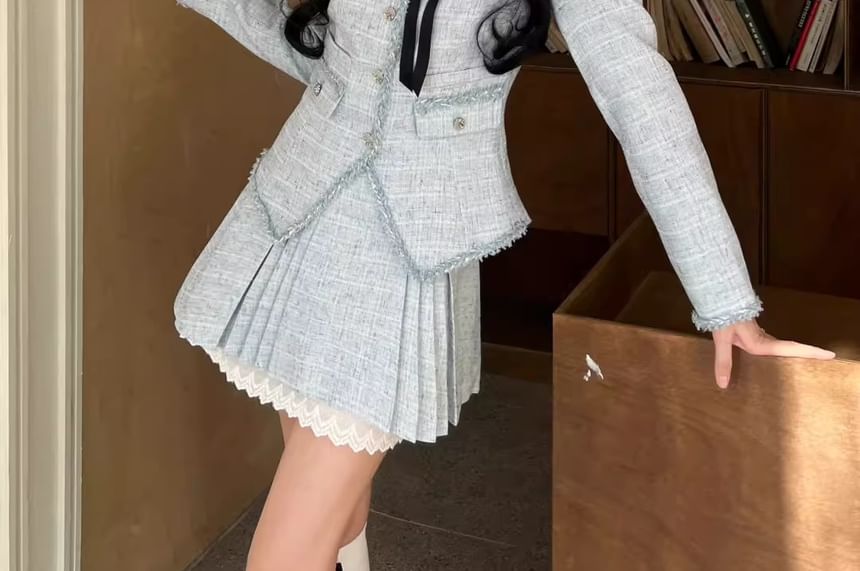 Square Neck Bow Accent Tweed Jacket + Pleated Skirt Set