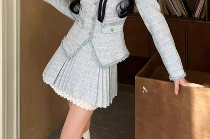 Square Neck Bow Accent Tweed Jacket + Pleated Skirt Set
