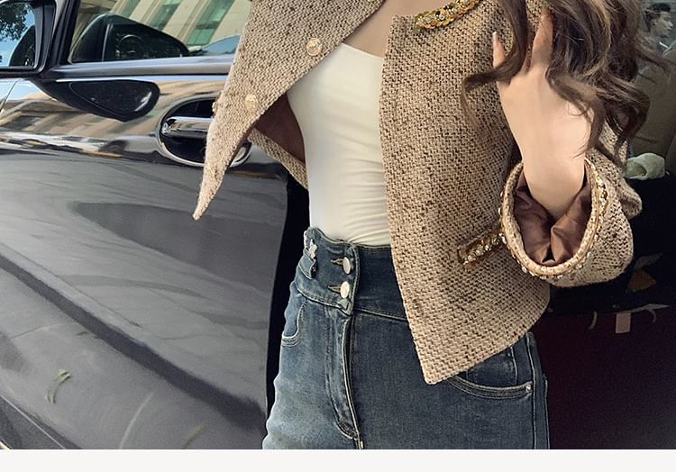 Sequin Trim Tweed Crop Jacket + A-Line Skirt