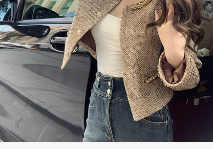 Sequin Trim Tweed Crop Jacket + A-Line Skirt