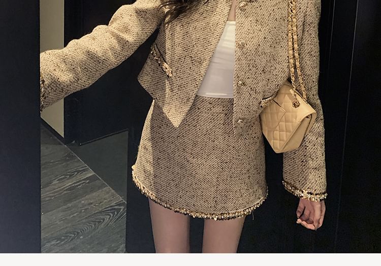 Sequin Trim Tweed Crop Jacket + A-Line Skirt