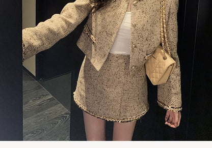 Sequin Trim Tweed Crop Jacket + A-Line Skirt
