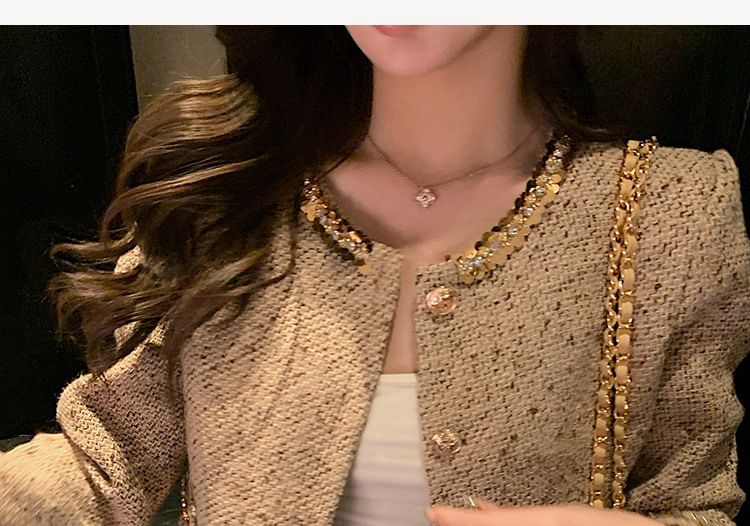 Sequin Trim Tweed Crop Jacket + A-Line Skirt