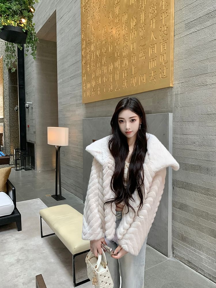 Collared Button-Up Plain Fluffy Jacket