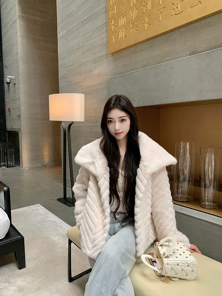 Collared Button-Up Plain Fluffy Jacket