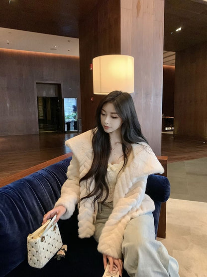 Collared Button-Up Plain Fluffy Jacket