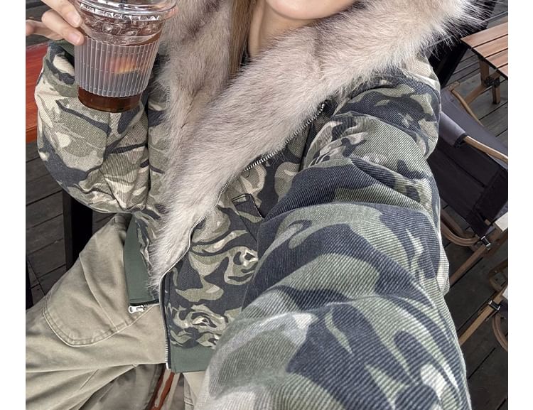 Fluffy Hooded Camouflage Zip Jacket