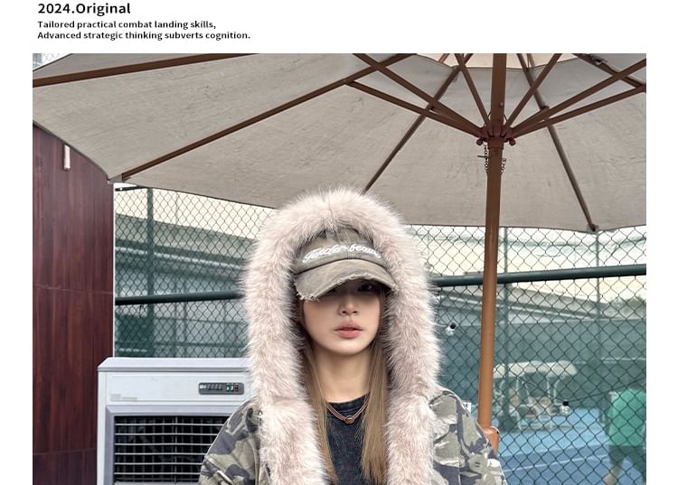 Fluffy Hooded Camouflage Zip Jacket