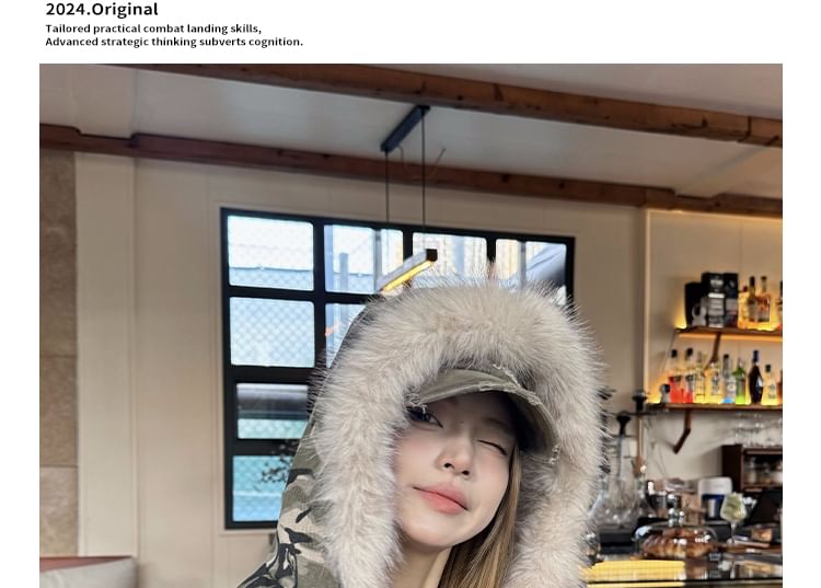 Fluffy Hooded Camouflage Zip Jacket