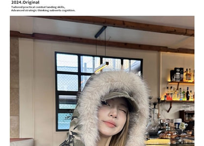 Fluffy Hooded Camouflage Zip Jacket