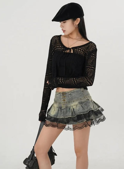 Washed Denim Lace Trim Mini Skirt