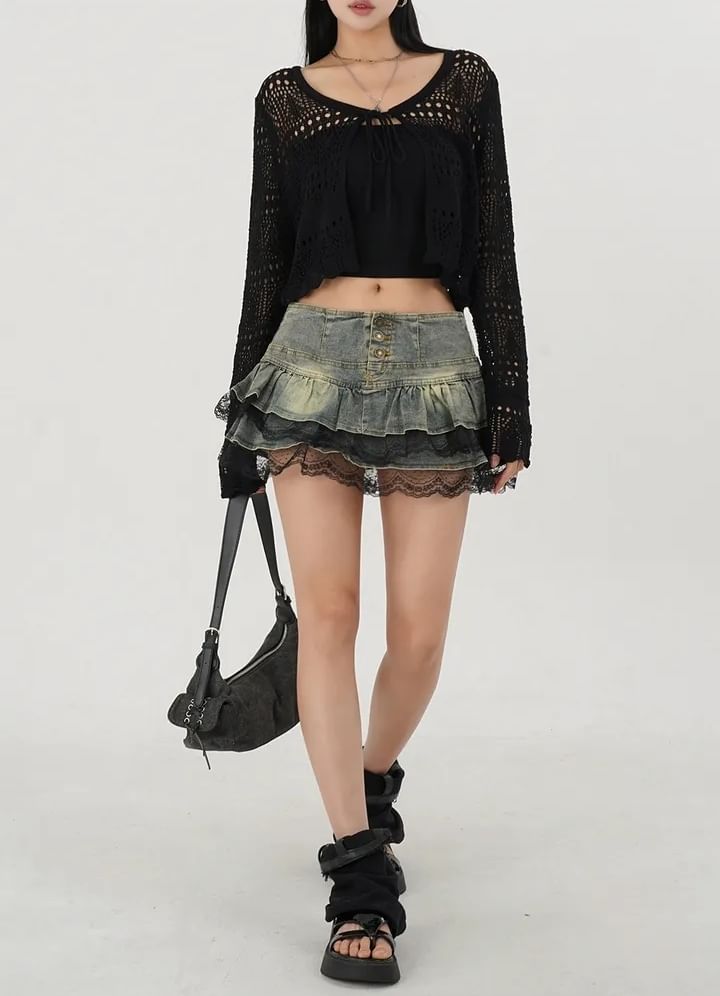 Washed Denim Lace Trim Mini Skirt