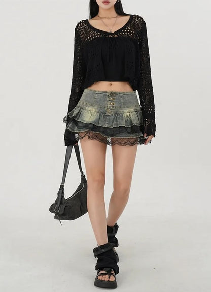 Washed Denim Lace Trim Mini Skirt