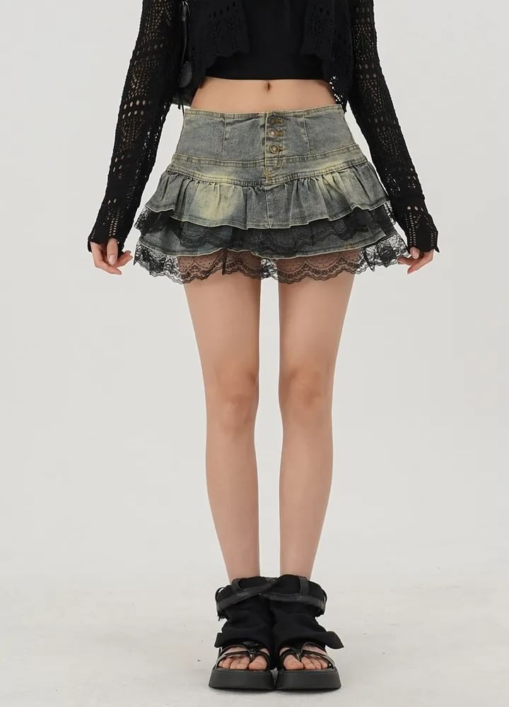 Washed Denim Lace Trim Mini Skirt