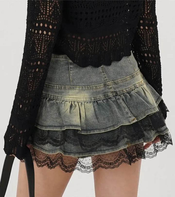 Washed Denim Lace Trim Mini Skirt