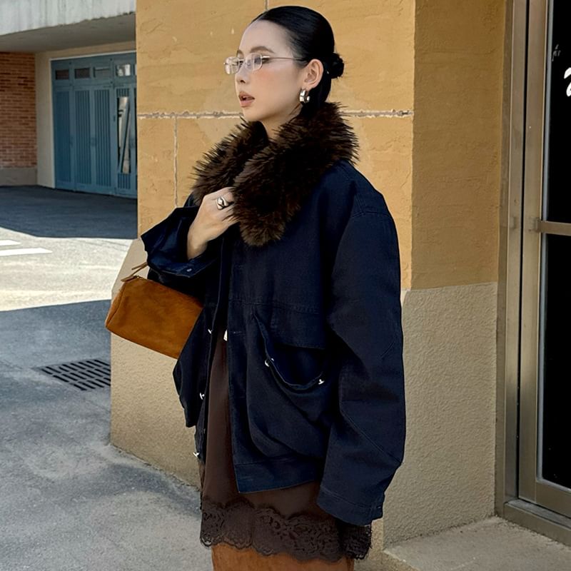 Furry Collar Zip-Up Jacket