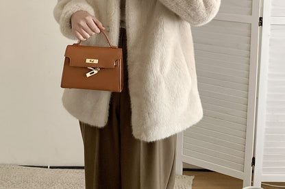 Stand Collar Plain Faux Fur Single-Breasted Coat