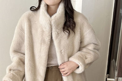 Stand Collar Plain Faux Fur Single-Breasted Coat
