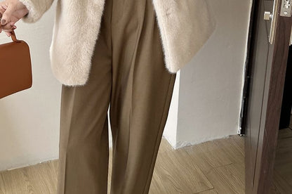 Stand Collar Plain Faux Fur Single-Breasted Coat