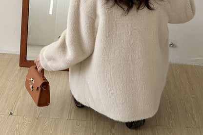 Stand Collar Plain Faux Fur Single-Breasted Coat