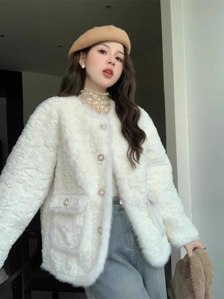 Crew Neck Fluffy Button-Up Plain Jacket