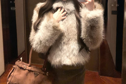 Collared Faux Fur Jacket / High Rise Belted Mini Skirt