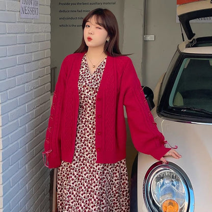 Plus Size V-Neck Button-Up Plain Cable Knit Cardigan