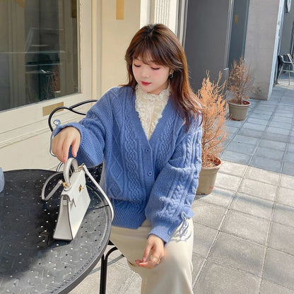 Plus Size V-Neck Button-Up Plain Cable Knit Cardigan