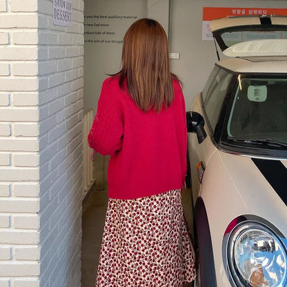 Plus Size V-Neck Button-Up Plain Cable Knit Cardigan