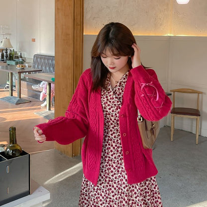 Plus Size V-Neck Button-Up Plain Cable Knit Cardigan