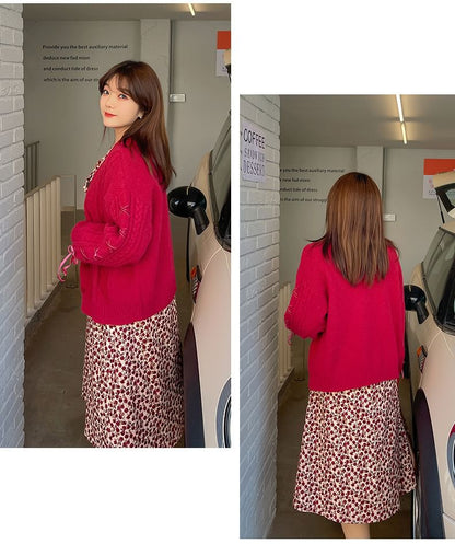 Plus Size V-Neck Button-Up Plain Cable Knit Cardigan